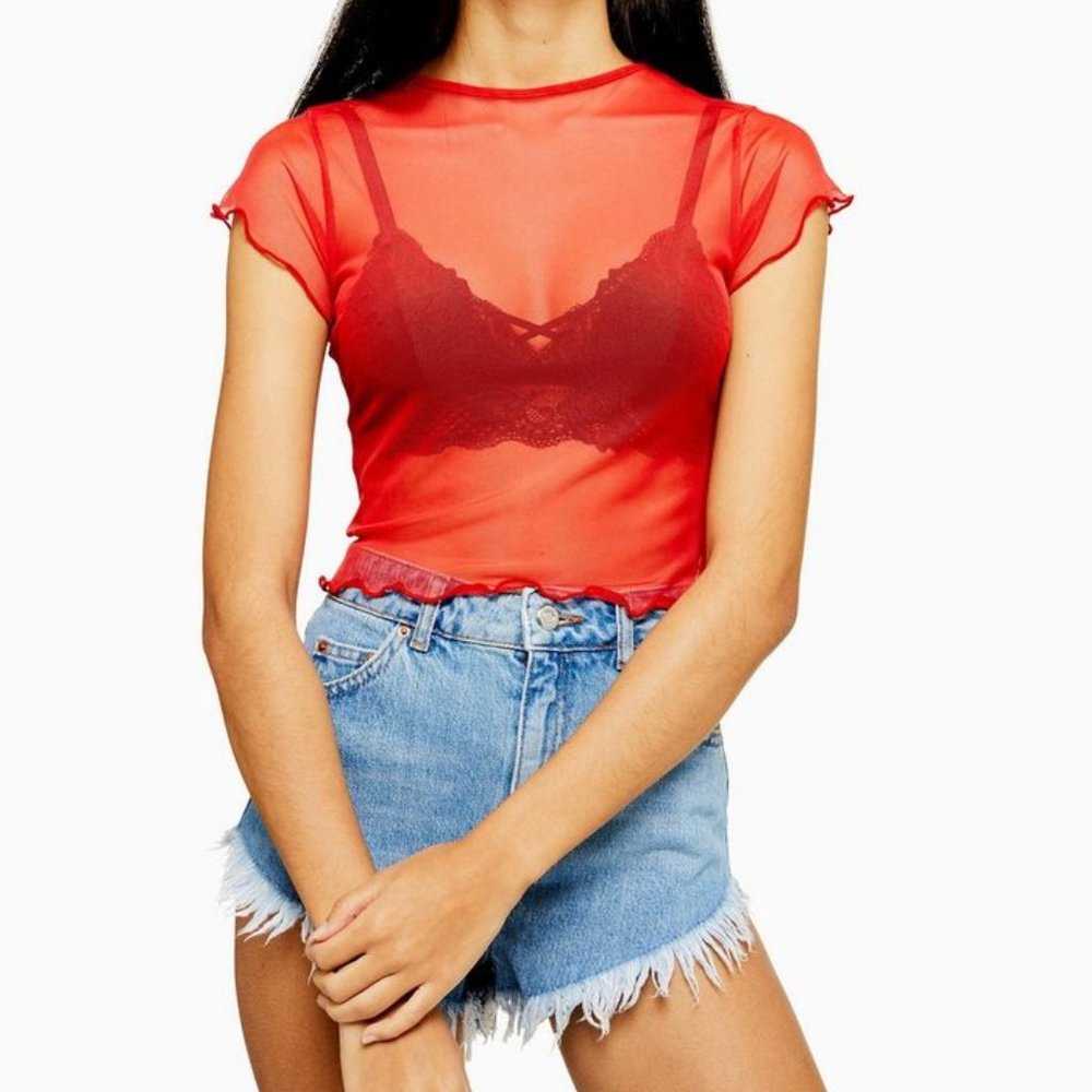 Red Short Sleeve Lettuce Mesh Top